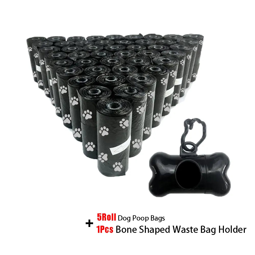 Dog Poop Bags in 5 Roll Black & 1 Bone Bag Dispenser