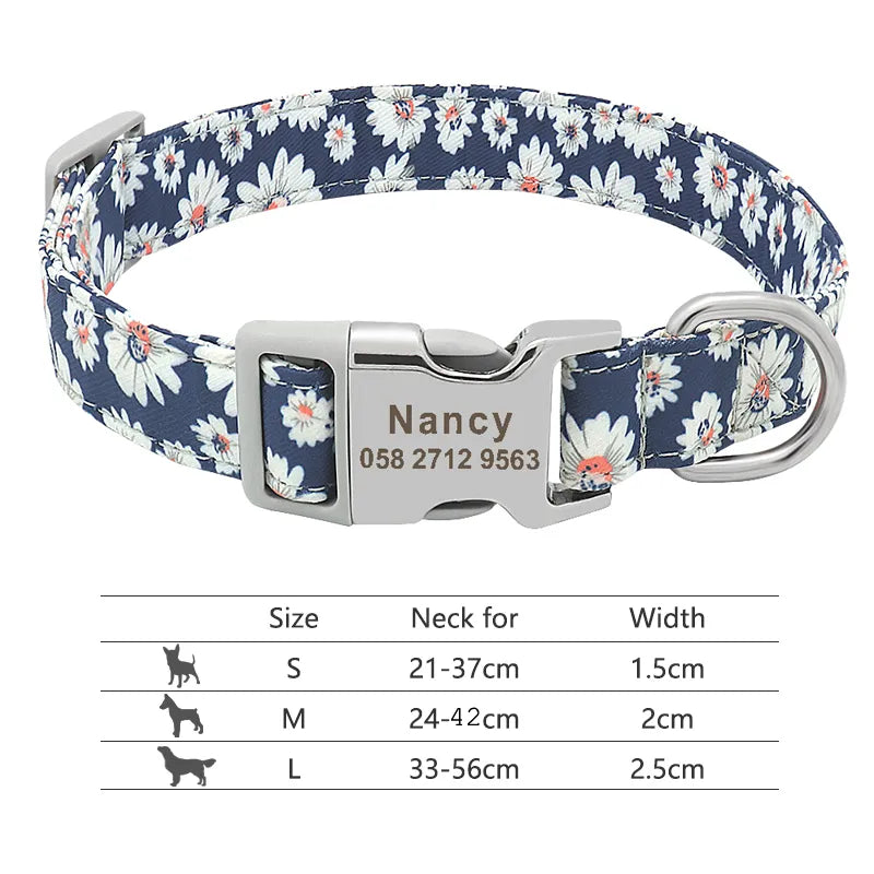 Personalized Nylon Dog Collar in Dark Blue with Flower