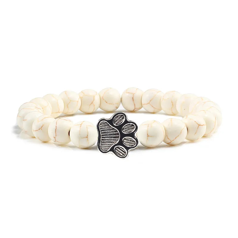 Lava Stone Bead Dog Paw Bracelet in White Beads