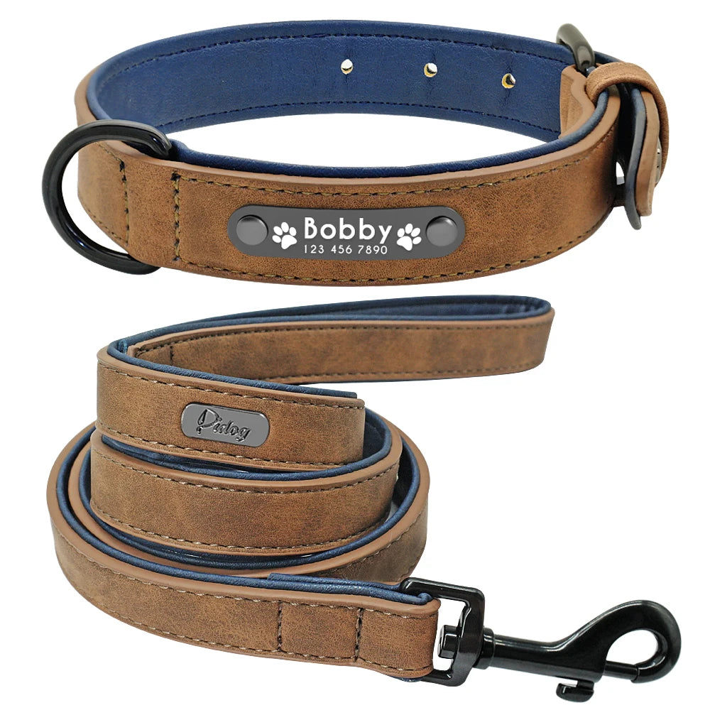 Leather Personalized Dog Collar in Coffee Set