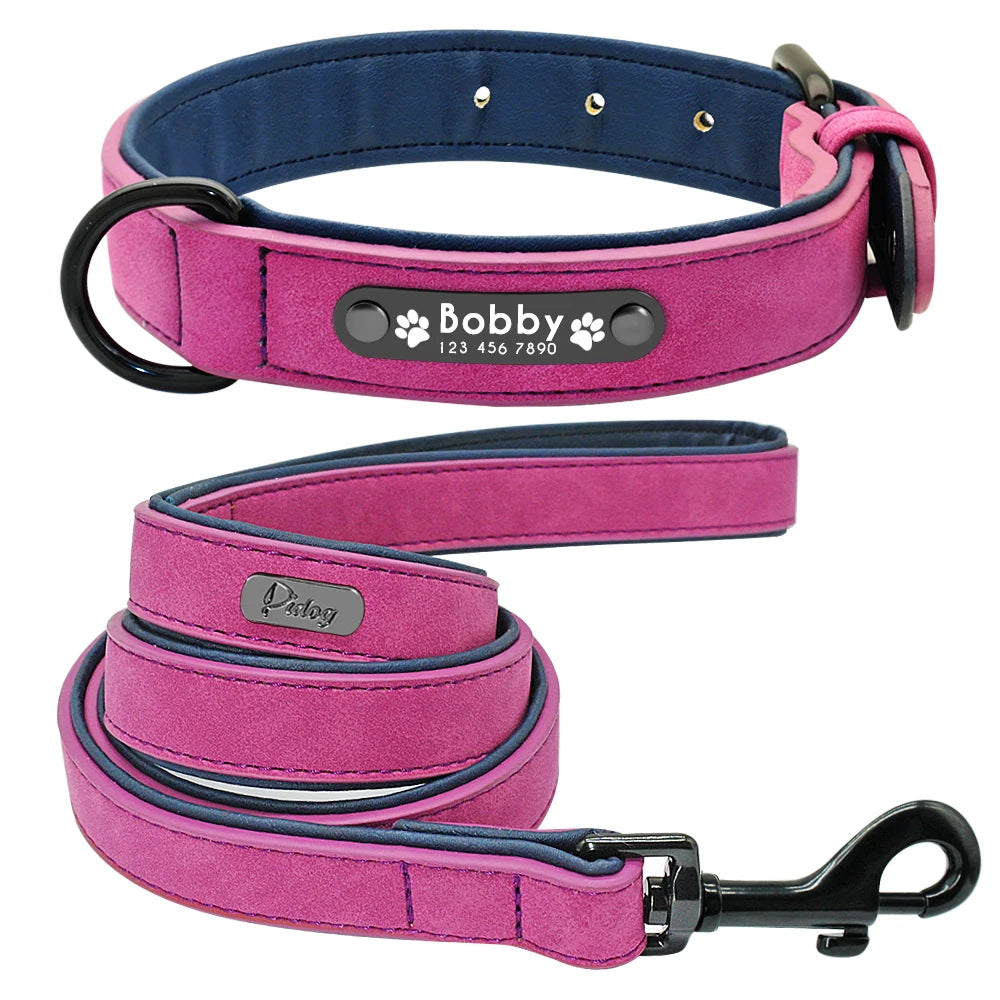 Leather Personalized Dog Collar in Purple Set