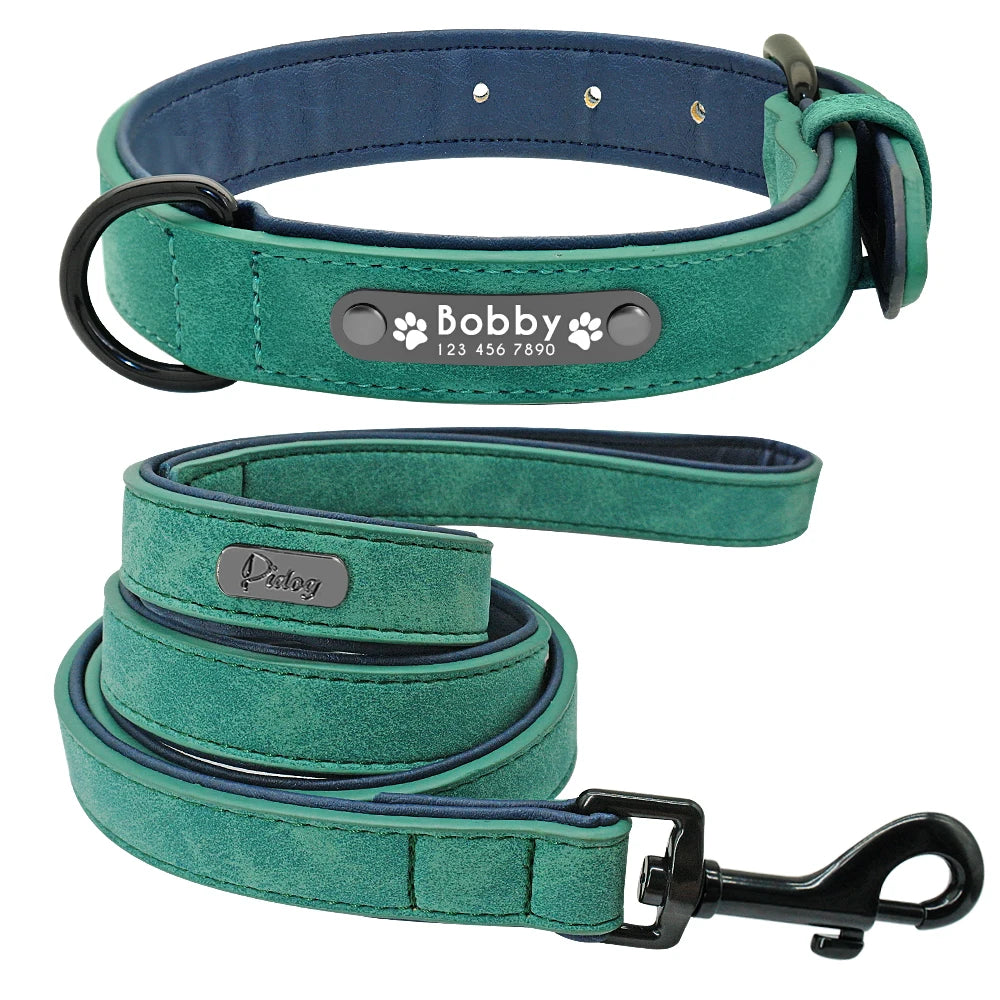 Leather Personalized Dog Collar in Green Set