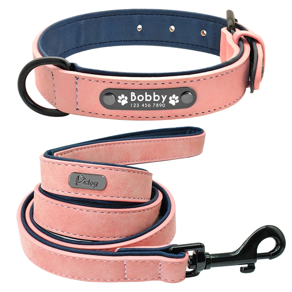 Leather Personalized Dog Collar in Pink Set