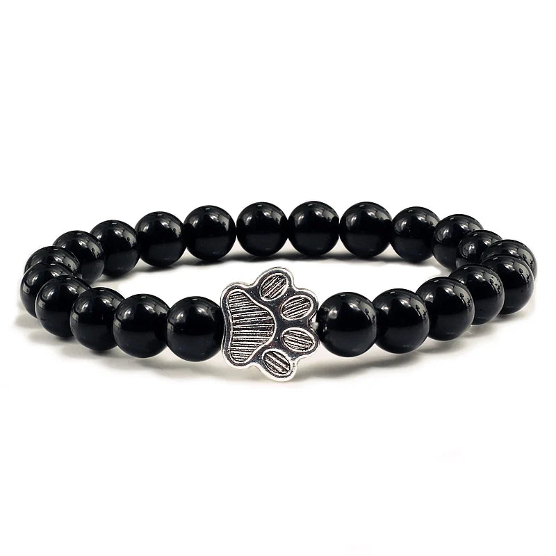 Lava Stone Bead Dog Paw Bracelet in Bright Black Beads