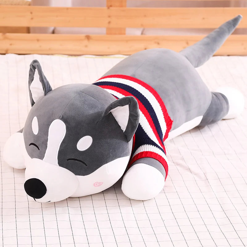 Siberian Husky Plush Toy in Smiling Face Gray Color & Red Shirt