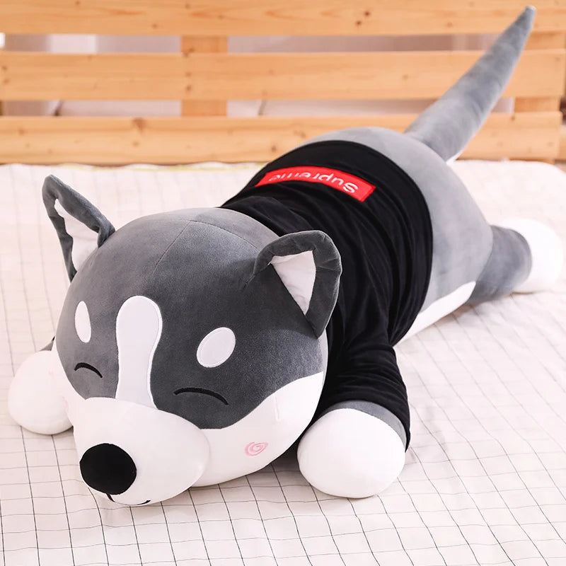 Siberian Husky Plush Toy in Smiling Face Gray Color & Black Shirt