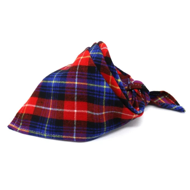 Dog Plaid Cotton Bandanas in Red & Dark Blue