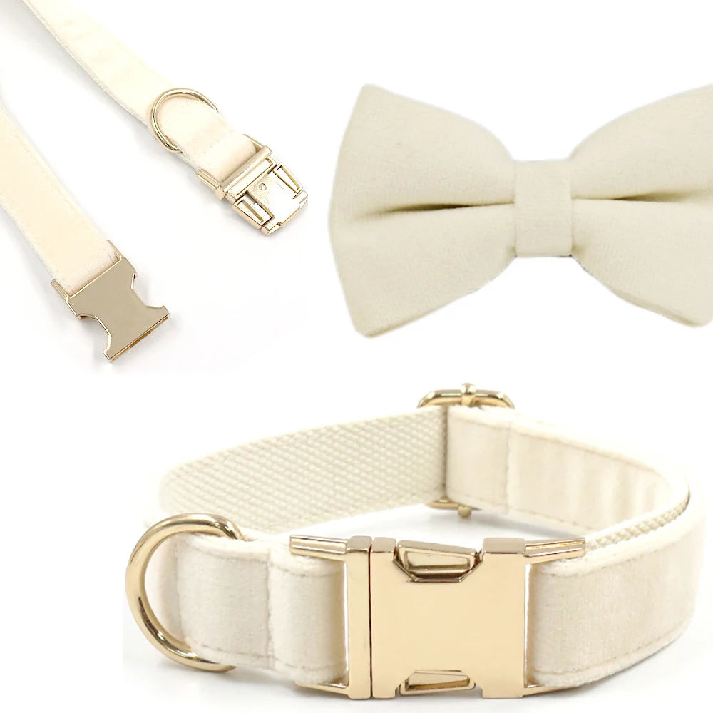 Personalized Cute Dog Collar in Bow Collar & Leash Cream