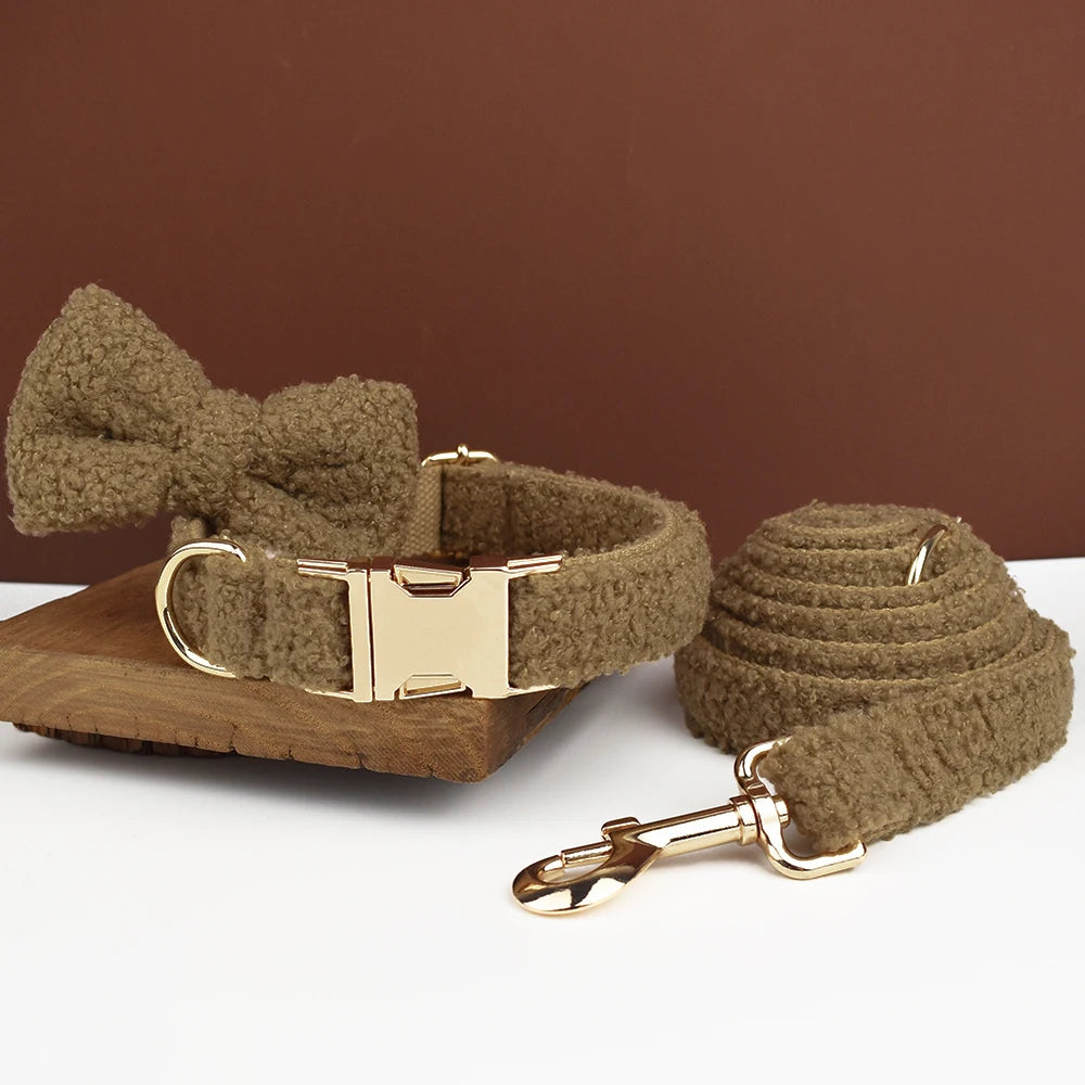 Pink Personalized Dog Collar in Brown Bow Collar & Leash