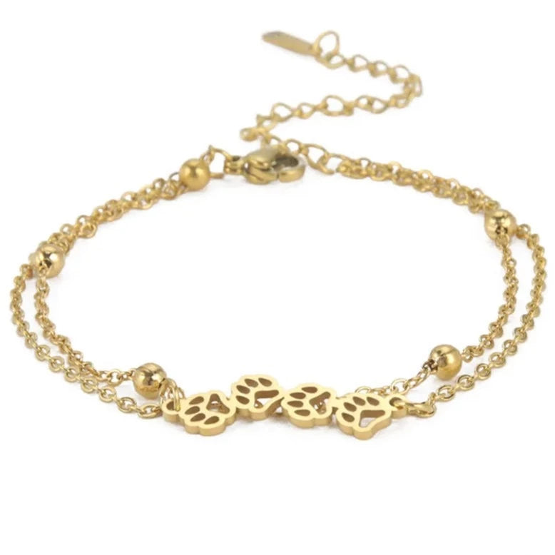 Dog Paw Bracelet in Double Chain Gold