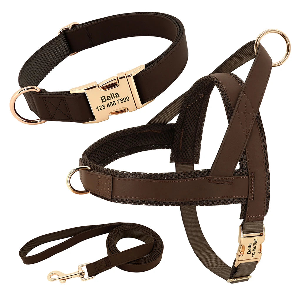 Personalized No Pull Dog Harness in Brown (Collar Harness & Leash)