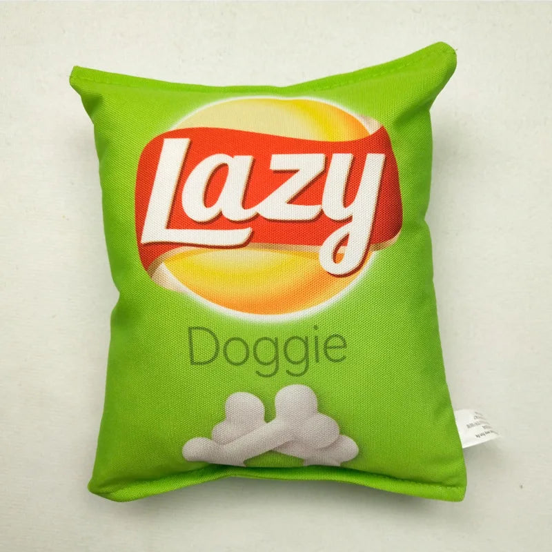 Funny Dog Crisps Squeaky Toys that are shaped like crisps and chips packets