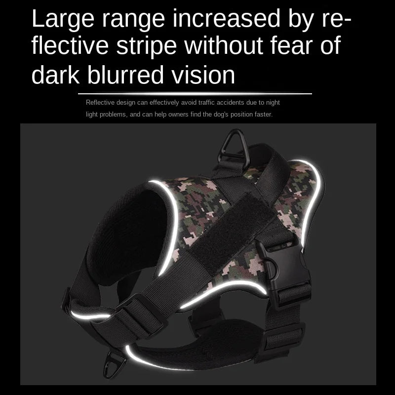 Adjustable Straps: The harness comes with adjustable straps and quick-release buckles, providing a secure and comfortable fit for dogs of all sizes. The straps also feature reflective piping for extra visibility.