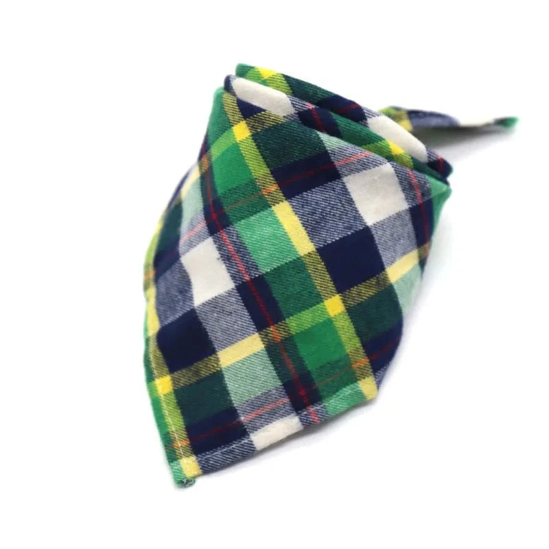 Dog Plaid Cotton Bandanas in Green & Yellow Blue