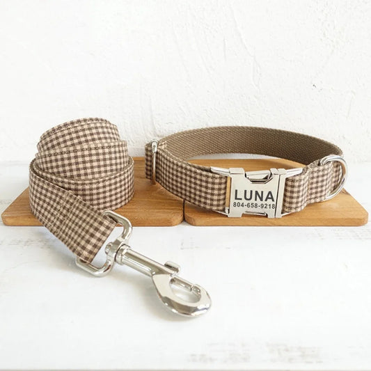 Personalized Beige Dog Collar & Leash