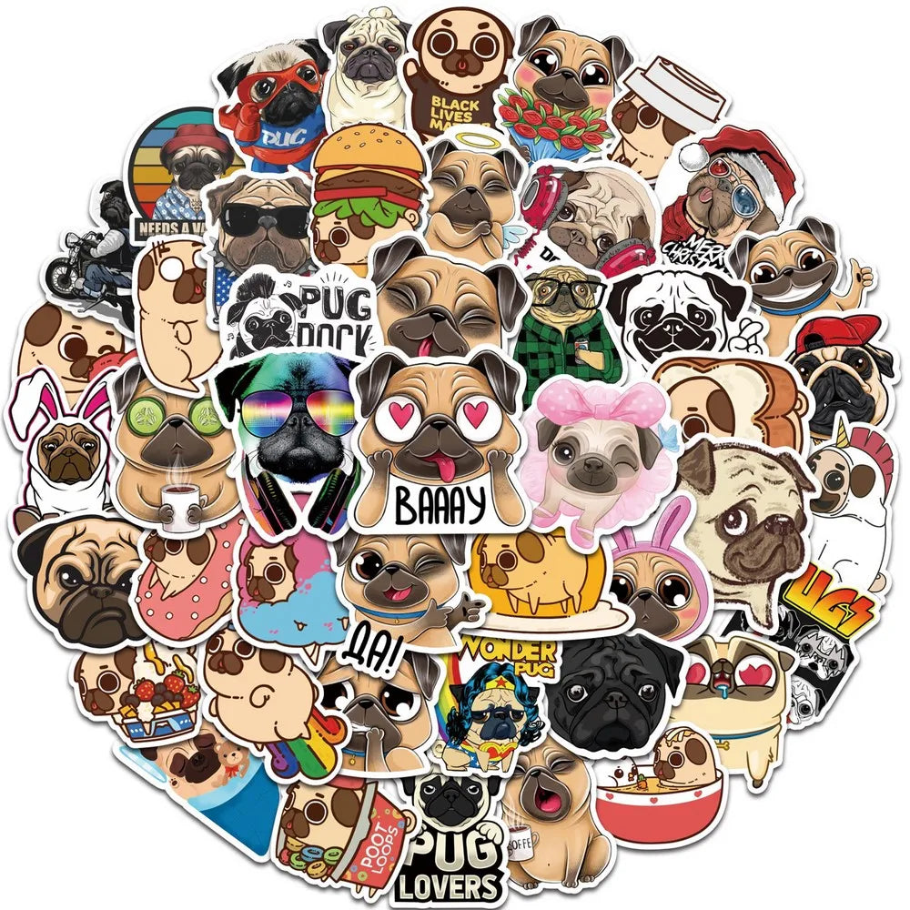 Cartoon Pug Stickers in 50Pcs