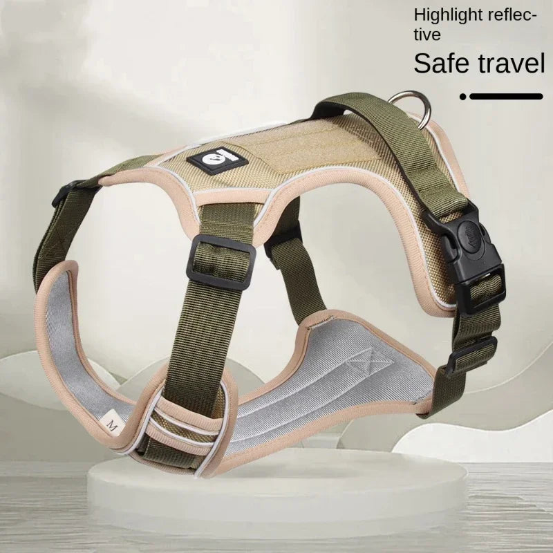 No Pull &amp; No Choke: Our dog harness is equipped with a sturdy metal D-Ring on the front and back range, allowing for the attachment of a leash. The front clip is designed to discourage pulling, while the back clip provides a comfortable and relaxed walking experience. The pulling pressure is evenly distributed across the body, preventing choking and ensuring your dog's safety and comfort.
