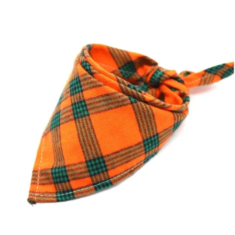 Dog Plaid Cotton Bandanas in Orange & Green