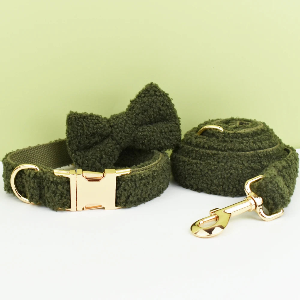 Pink Personalized Dog Collar in Green Bow Collar & Leash