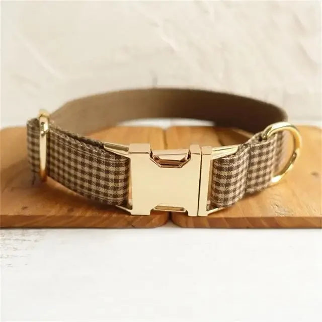Personalized Beige Dog Collar & Leash in Collar Gold