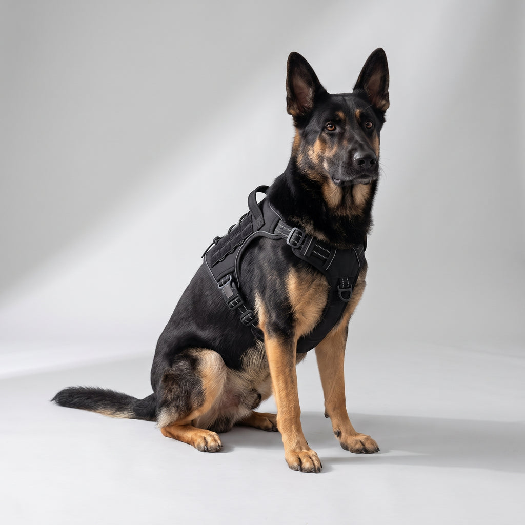 Adjustable Tactical Dog Harness with a German Shepherd, studio photo