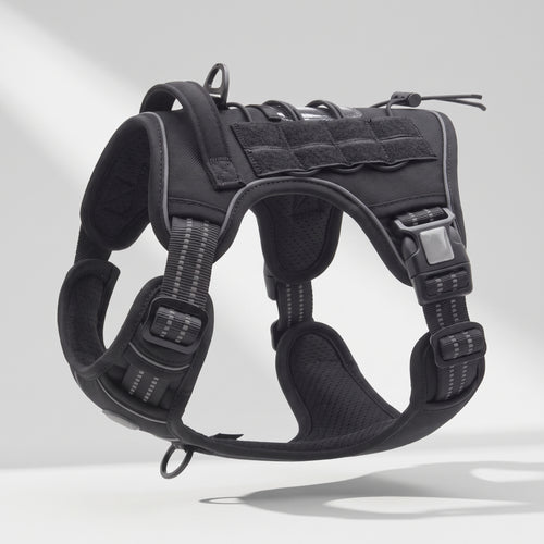 Adjustable Tactical Dog Harness, studio photo on a light grey background