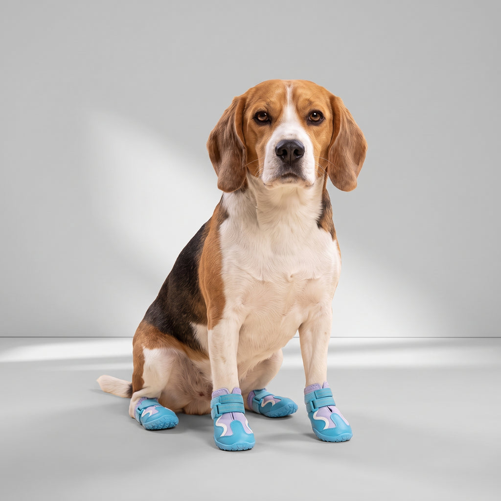 Anti Slip Dog Shoes with a beagle, studio photo