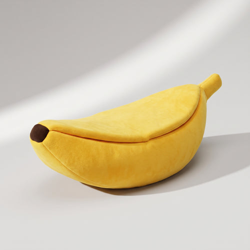 Banana Dog Bed, studio photo on a light grey background