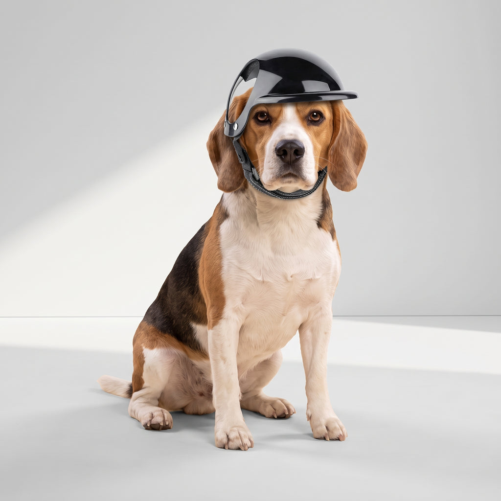 Biker Dog Helmet with a beagle, studio photo