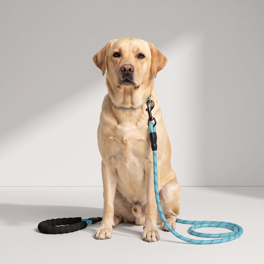 Blue Dog Leash with a Labrador, studio photo