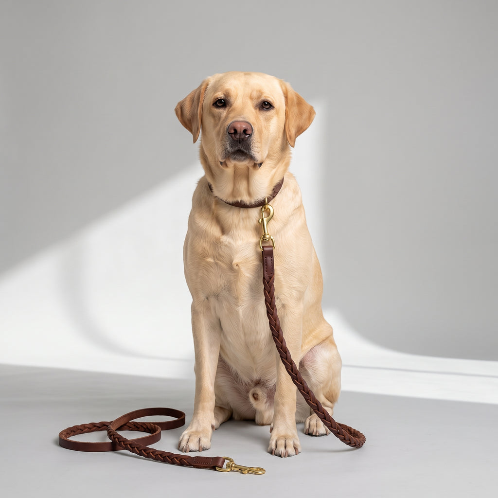 Braided Leather Dog Leash with a Labrador, studio photo