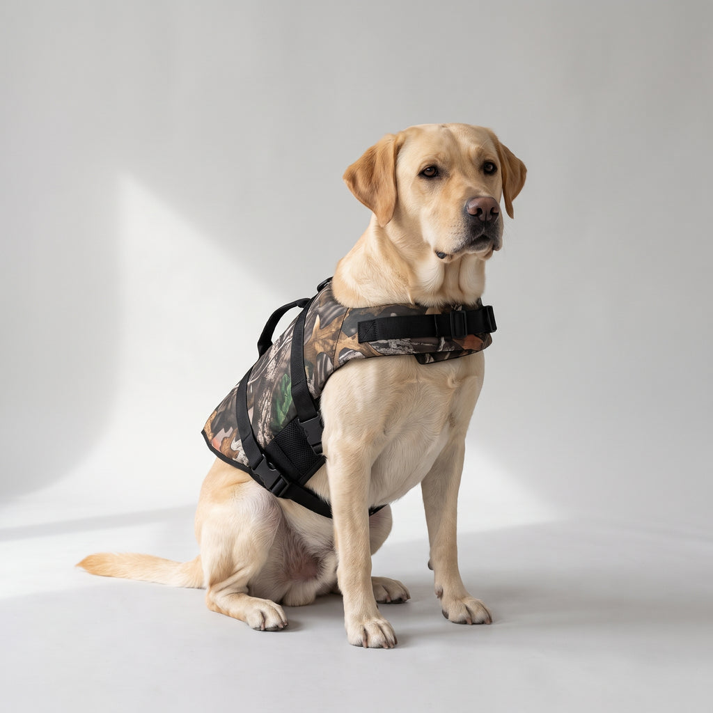 Camo Dog Life Jacket with a Labrador, studio photo