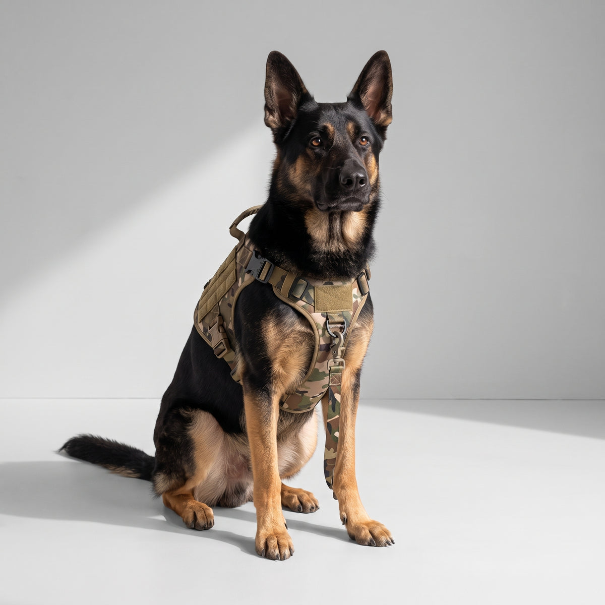 Camouflage Dog Harness with a German Shepherd, studio photo