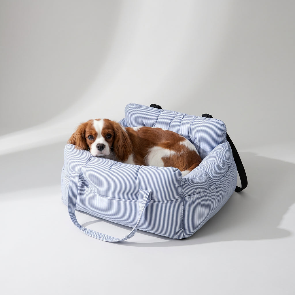 Striped Cotton Car Seat for Small Dogs with a Cavalier King Charles, studio photo
