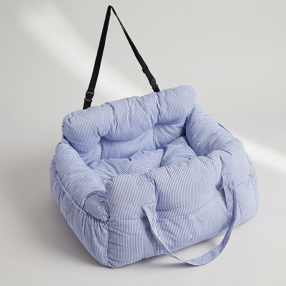 Striped Cotton Car Seat for Small Dogs, studio photo on a light grey background