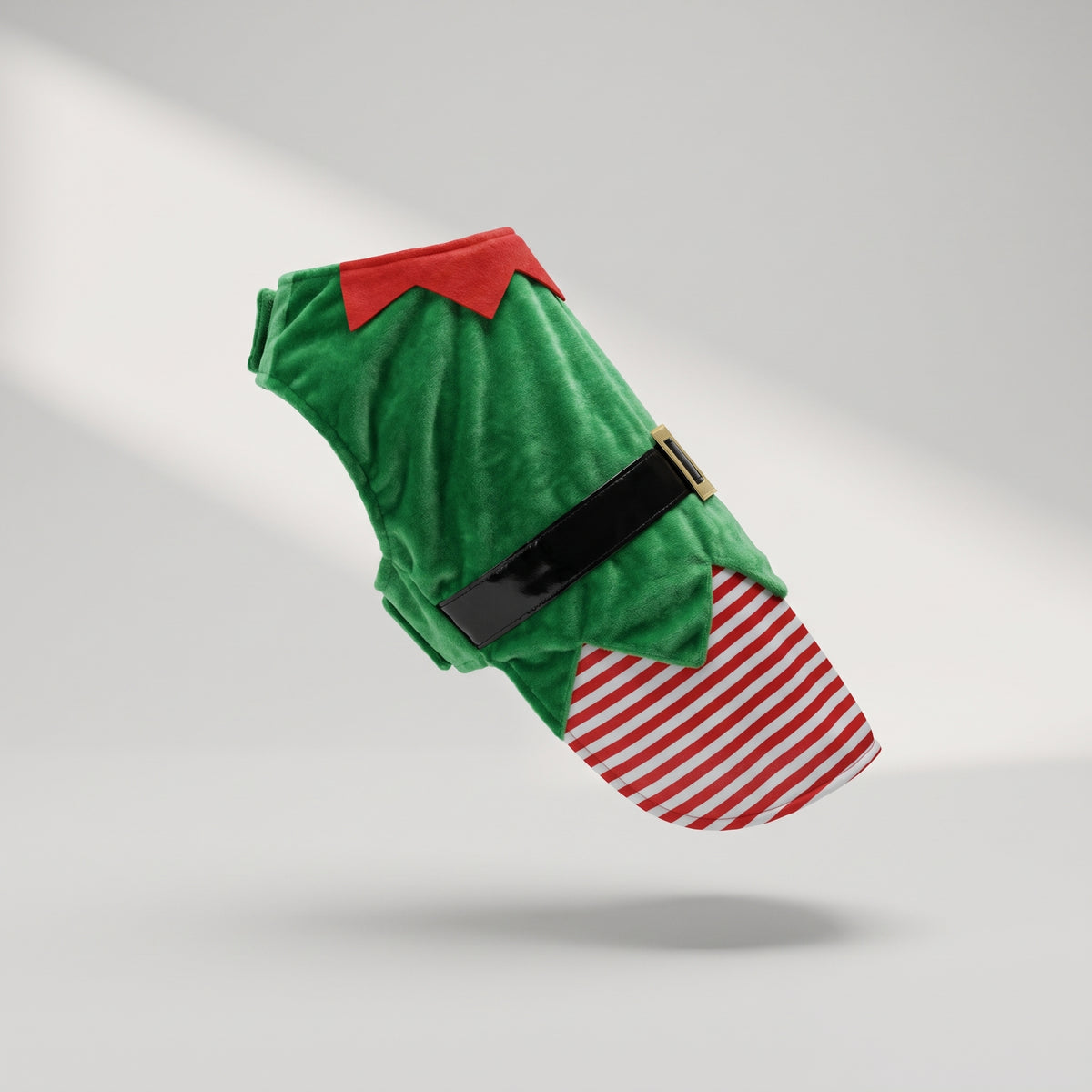 Christmas Dog Elf Costume, studio photo on a light grey background