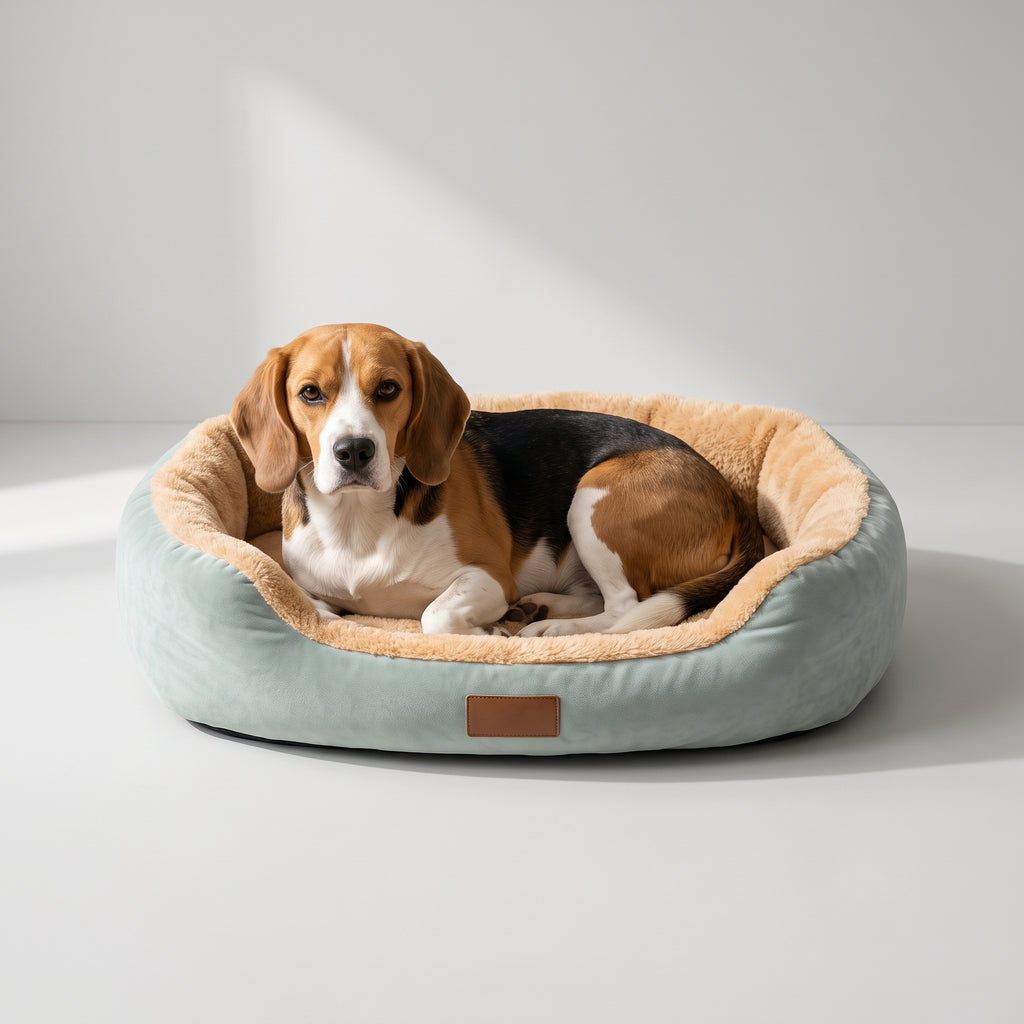 Comfy Dog Bed with a beagle, studio photo