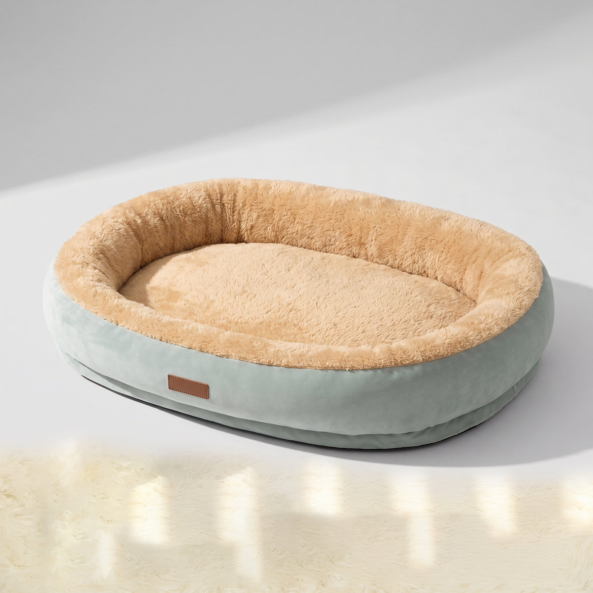 Comfy Dog Bed, studio photo on a light grey background