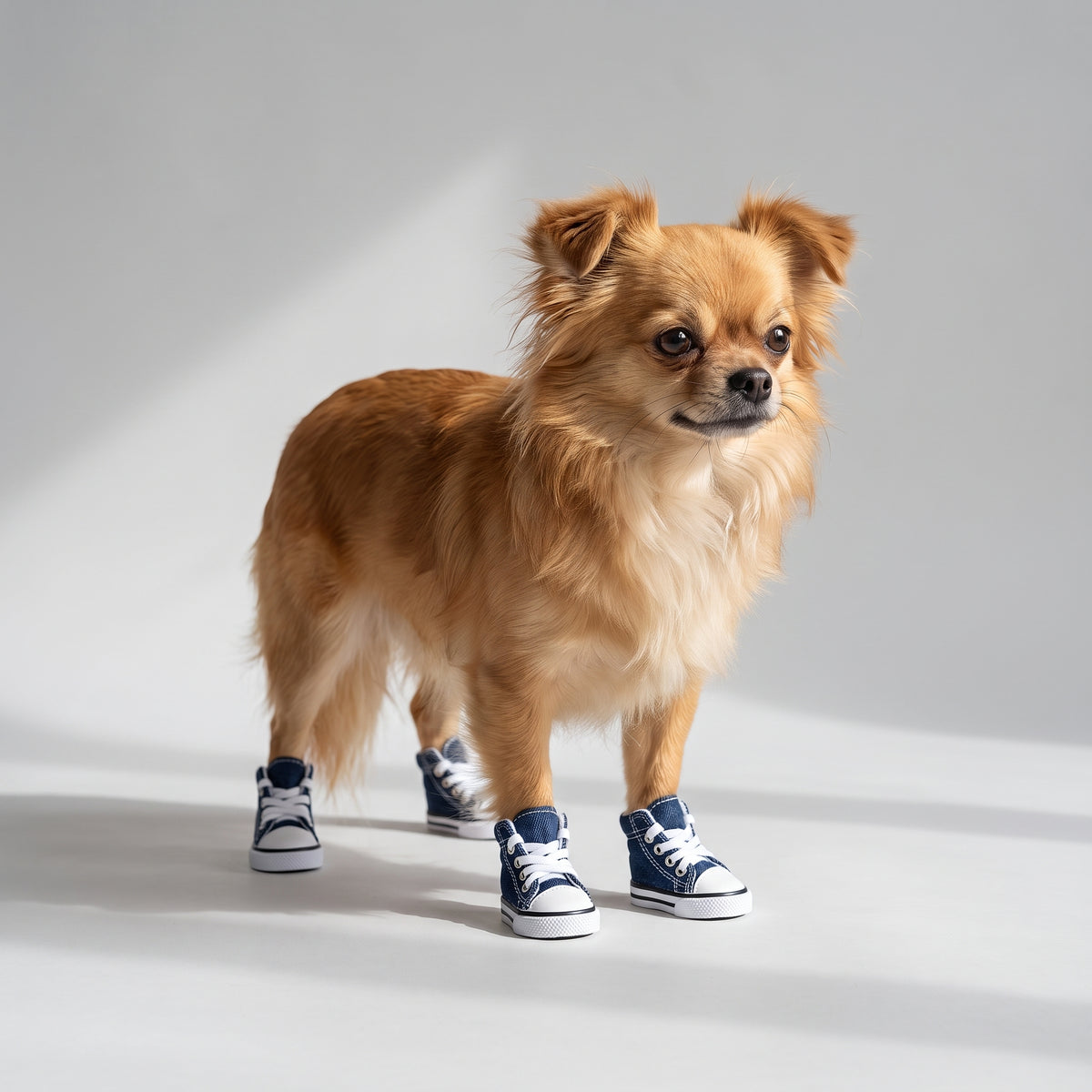 Denim Sneaker Dog Shoes for Small Dogs with a chihuahua, studio photo
