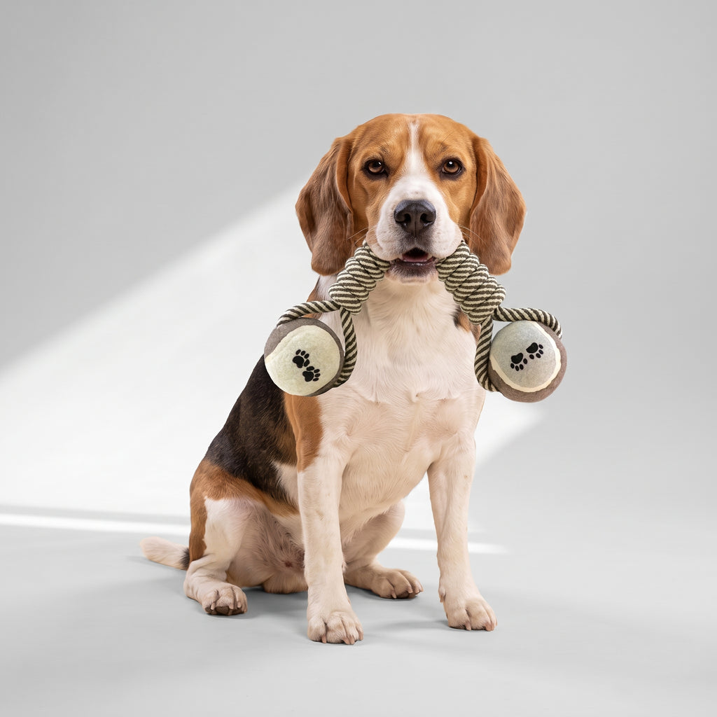 Cotton Rope Toy For Dog with a beagle, studio photo
