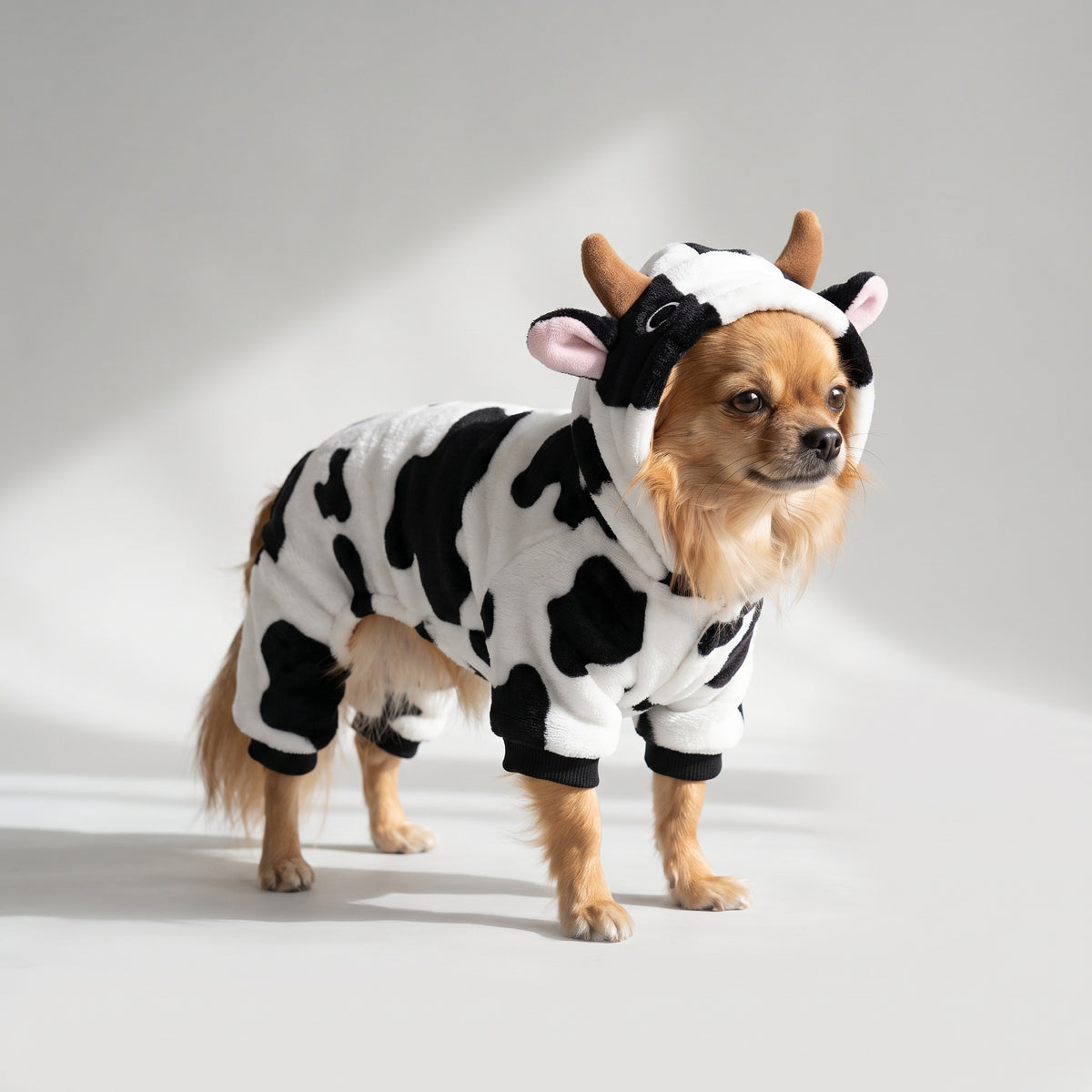 Cow Dog Costume in Cozy Fleece with a chihuahua, studio photo