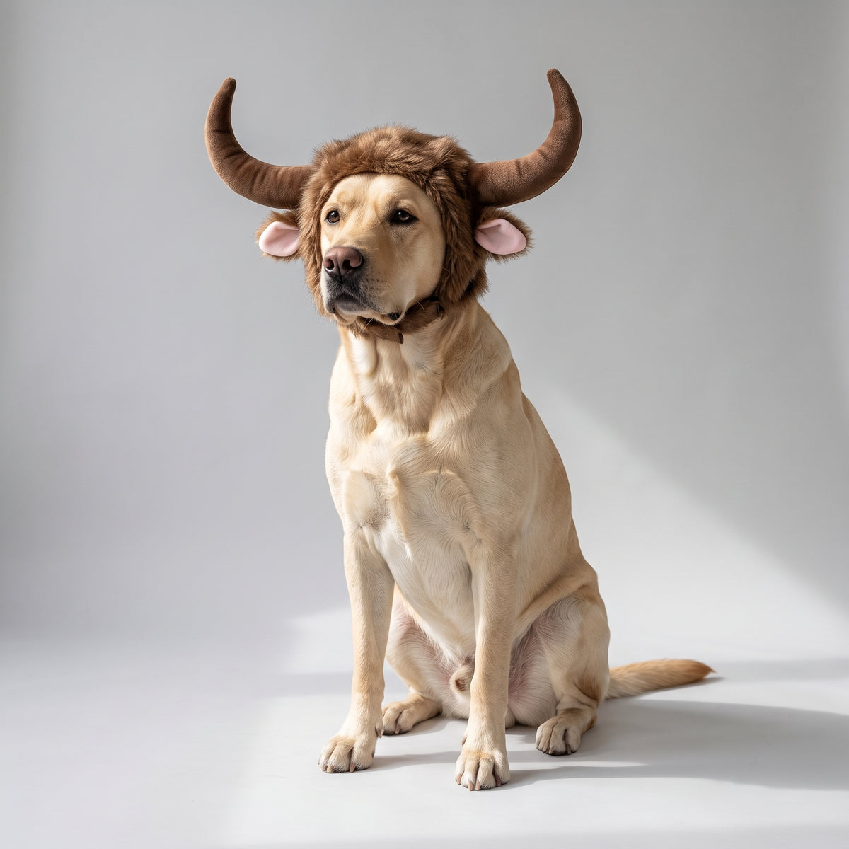 Cow Horns For Dogs Costume with a Labrador, studio photo