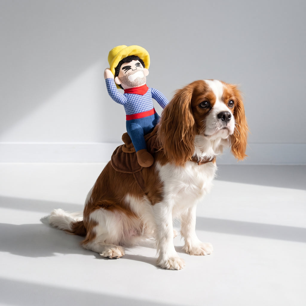 Cowboy Rider Dog Costume with a Cavalier King Charles, studio photo