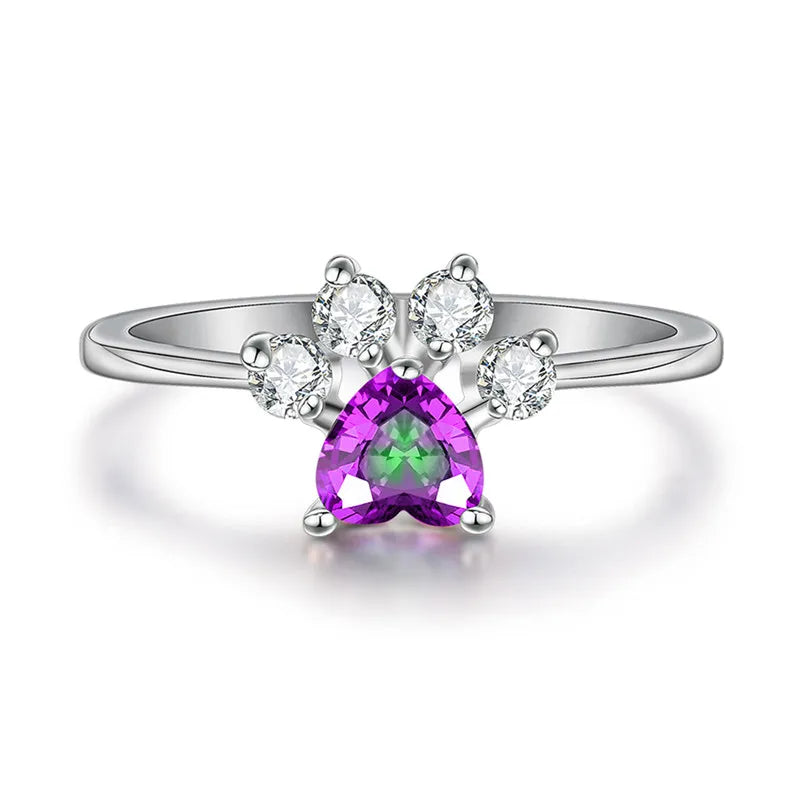 Crystal Dog Paw Ring in Purple Stones