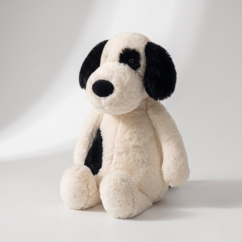 Cute Dog Plush, studio photo on a light grey background