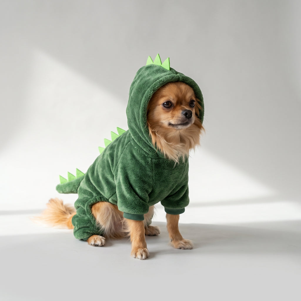 Dog Animal Costume, Dinosaur, Tiger or Cow with a chihuahua, studio photo