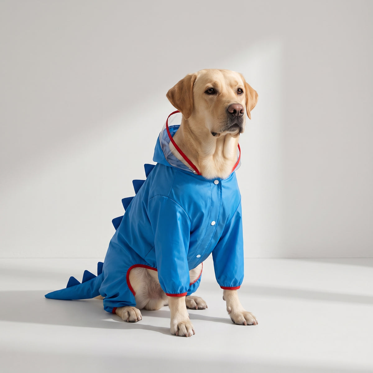Dinosaur Dog Raincoat with a Labrador, studio photo