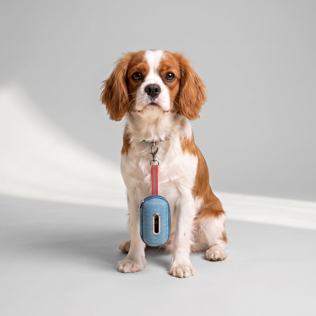 PVC Dispenser for Dog Poop Bags with a Cavalier King Charles, studio photo