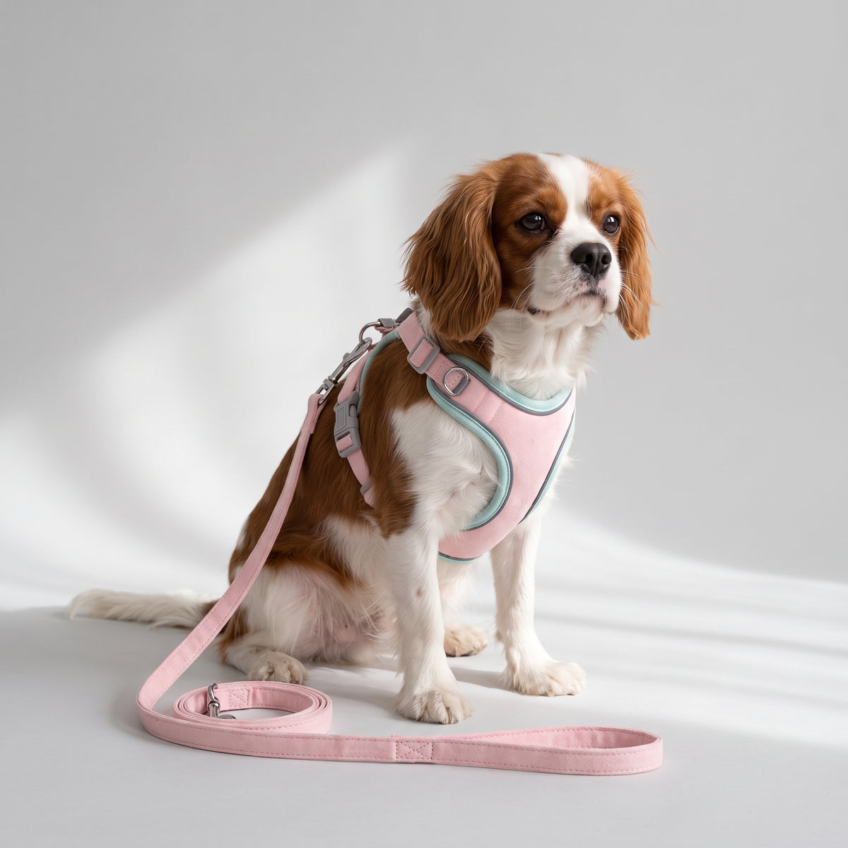 Two Tone Adjustable Dog Harness and Leash with a Cavalier King Charles, studio photo