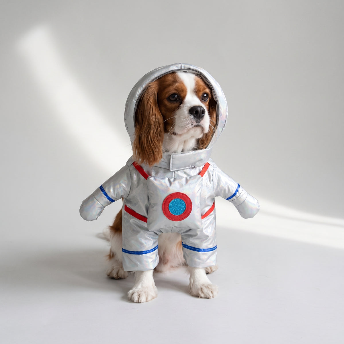 Dog Astronaut Costume with a Cavalier King Charles, studio photo